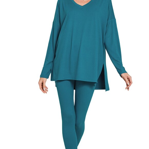 V‑Neck Long‑Sleeve Loungewear Leggings Set – Buttery Soft Brushed DTY Microfiber - Picture 2 of 6